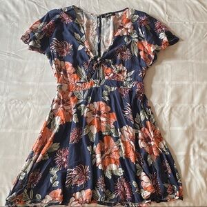 Lulus Navy Floral Tie-Front Dress with Coral Blooms